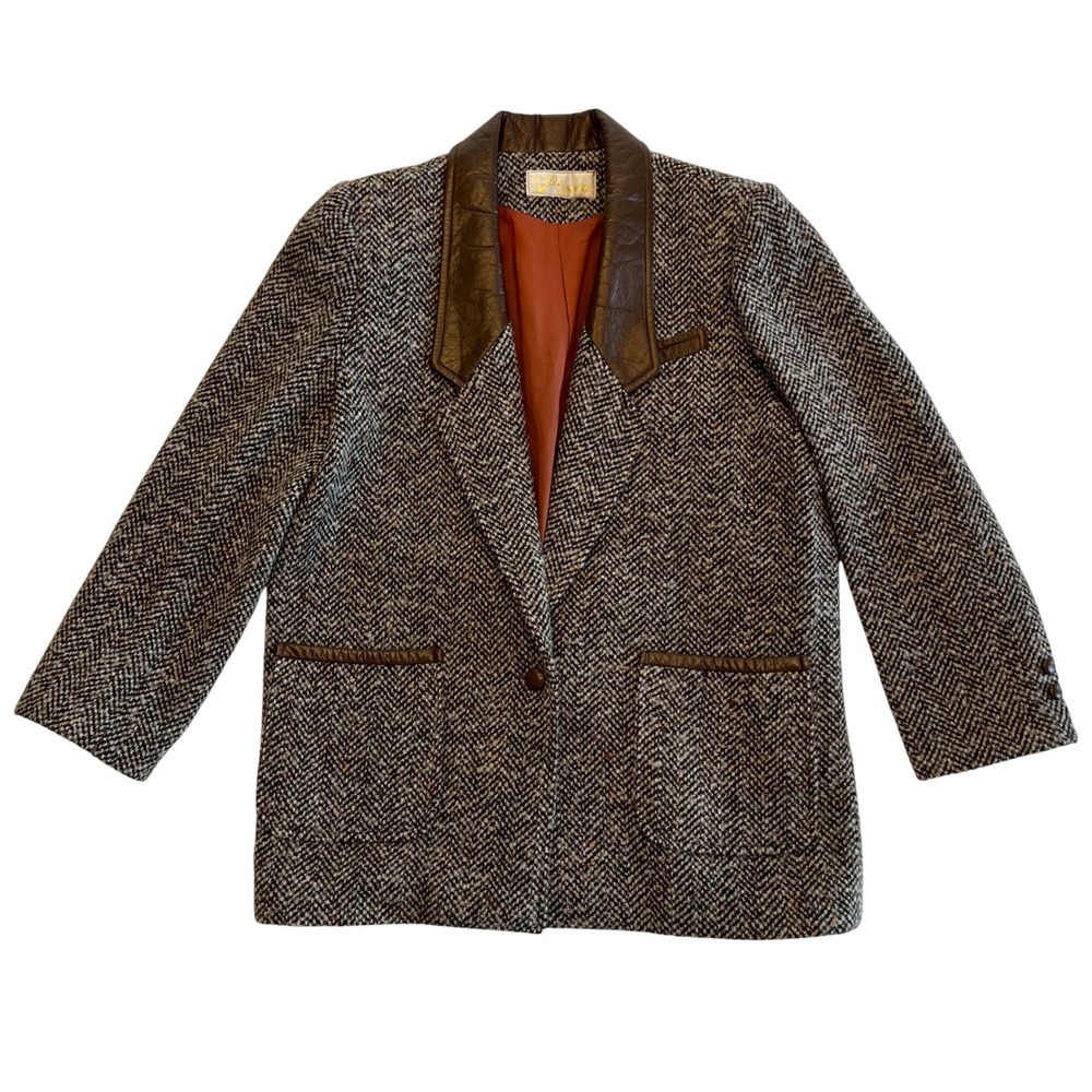 Lilly Fashion Women's Vintage 80s Tweed Faux Leather Dark Academia Blazer Size M